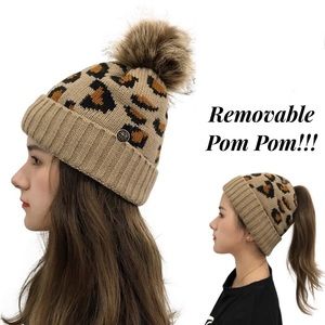 Leopard Knit Ponytail Pom Pom Beanie